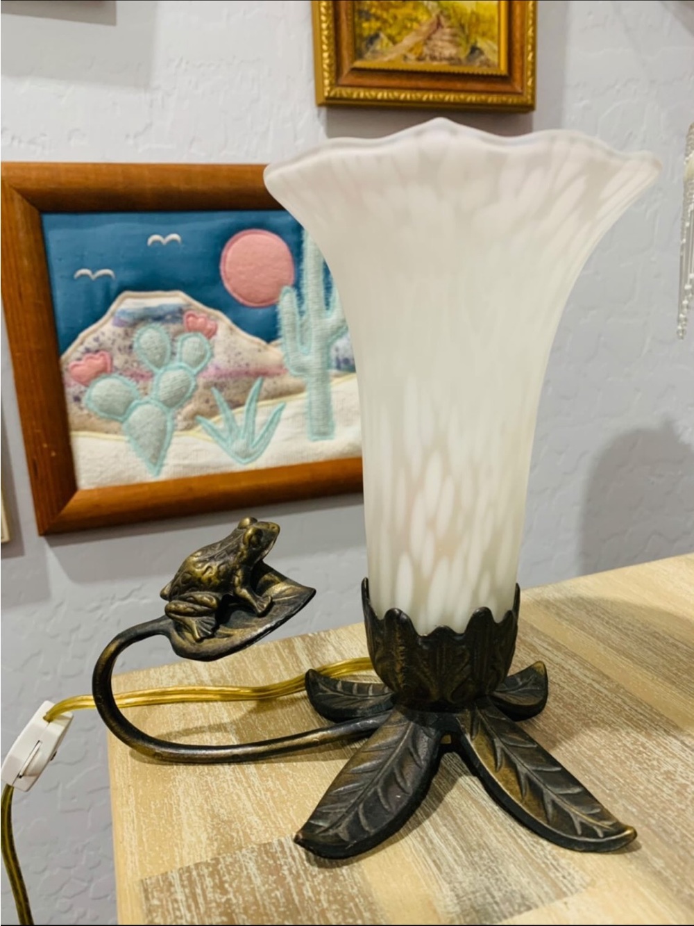 Vintage Andrea By Sadek White Glass Lily Table Lamp with Brass Frog Accent